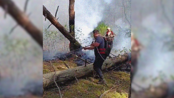 Євген Погуляй, майстер лісу, з ранцем-обприскувачем гасить пожежу